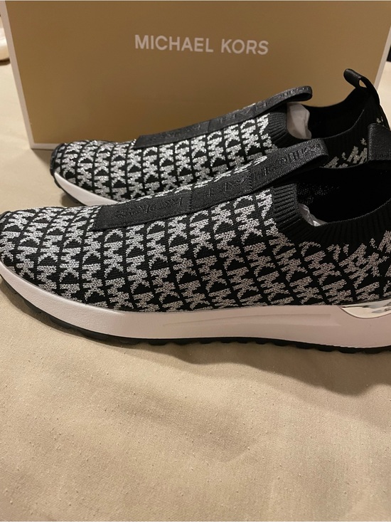 Michael Kors Shoes - Michael Kors Black Silver MK Logo Slip On Sneakers Size 9 NIB